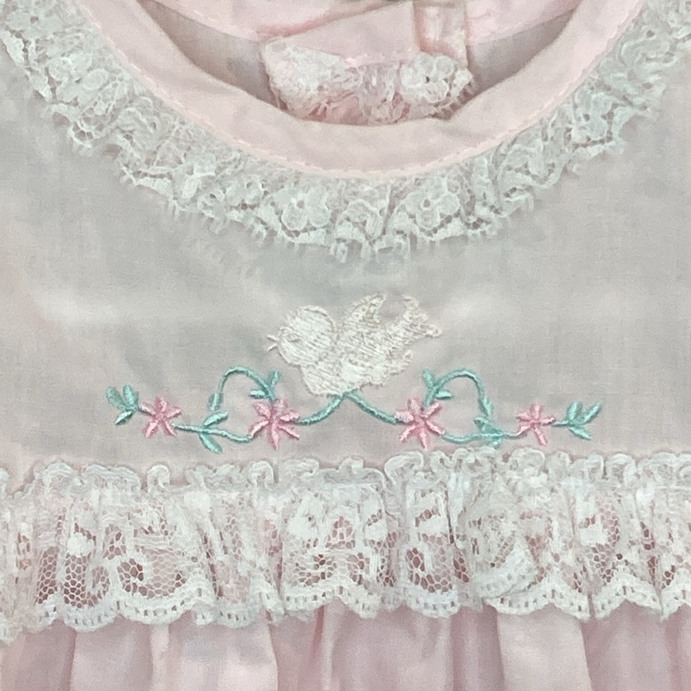 Vintage- Alexis Light Pink Bubble Romper with Embroidery and Lace Trim - Picture 5 of 9